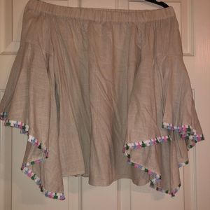 Andrés by Unit, Small Beige Off the Shoulder Trumpet Sleeve Boho Blouse, Fringe